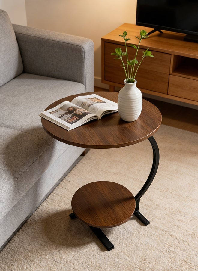 Migue home طاولة قهوة دائرية بطبقتين لغرفة المعيشة، طاولة جانبية، سهلة التجميع، 60 سم ارتفاع × 40 سم عرض، لون الجوز - Image 1