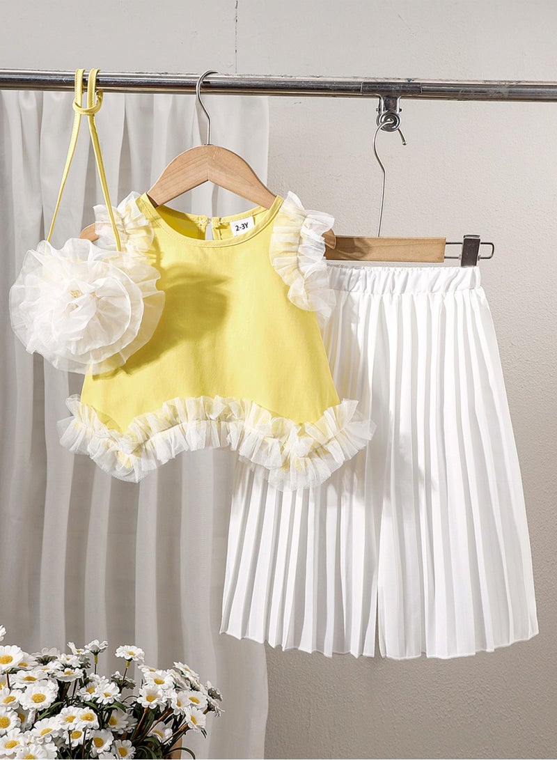 Sunny Yellow Ruffle-Trim Top with White Pleated Skirt Set for Girls 2–3 Y, Perfect for Summer Outings, Birthday Gifts, Beach Vacations and Photo Shoots  - Image 2
