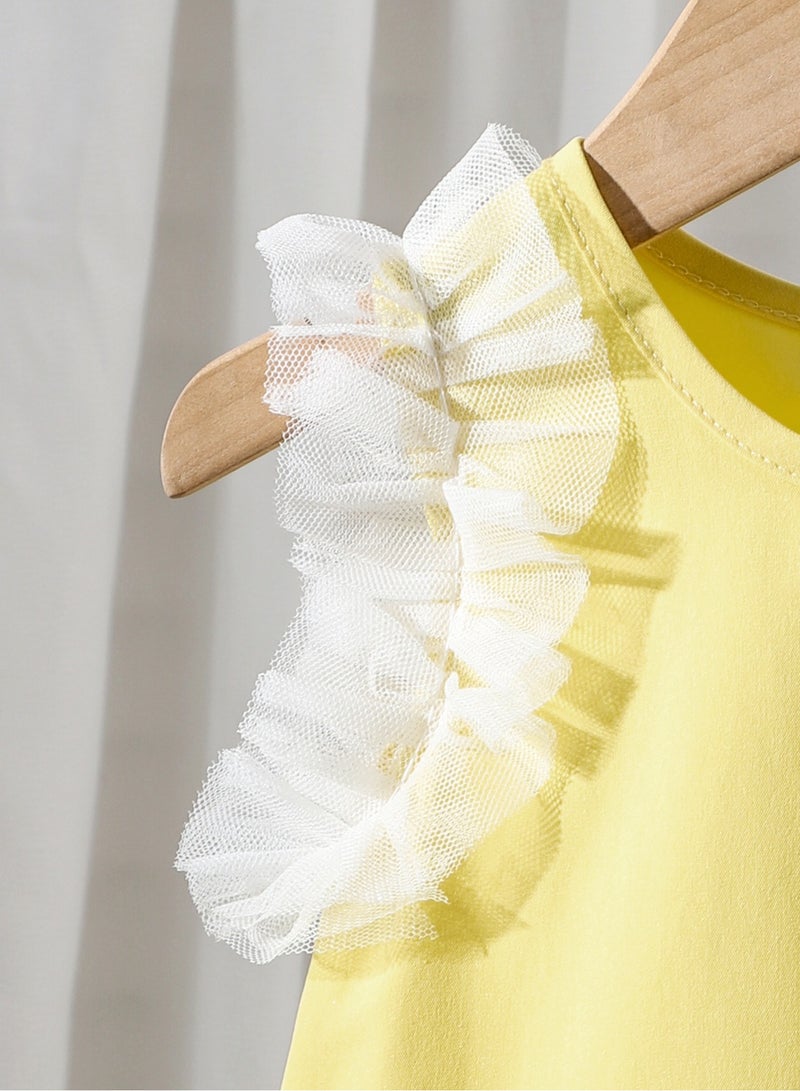 Sunny Yellow Ruffle-Trim Top with White Pleated Skirt Set for Girls 2–3 Y, Perfect for Summer Outings, Birthday Gifts, Beach Vacations and Photo Shoots  - Image 5