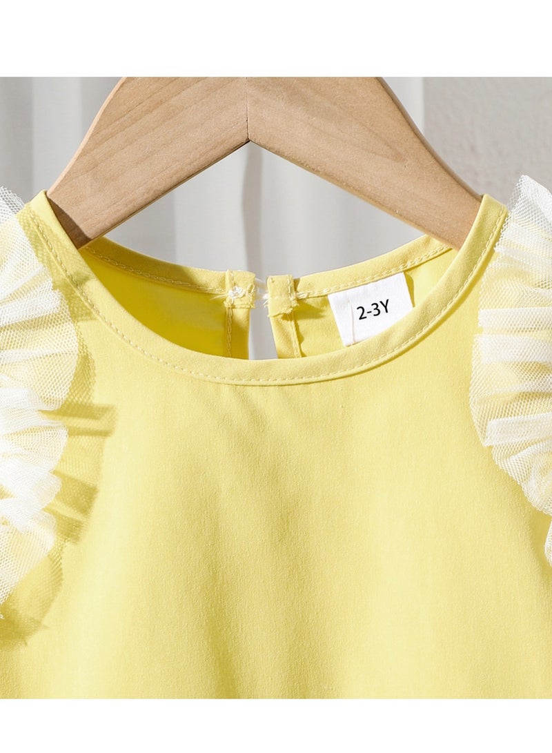 Sunny Yellow Ruffle-Trim Top with White Pleated Skirt Set for Girls 2–3 Y, Perfect for Summer Outings, Birthday Gifts, Beach Vacations and Photo Shoots  - Image 4
