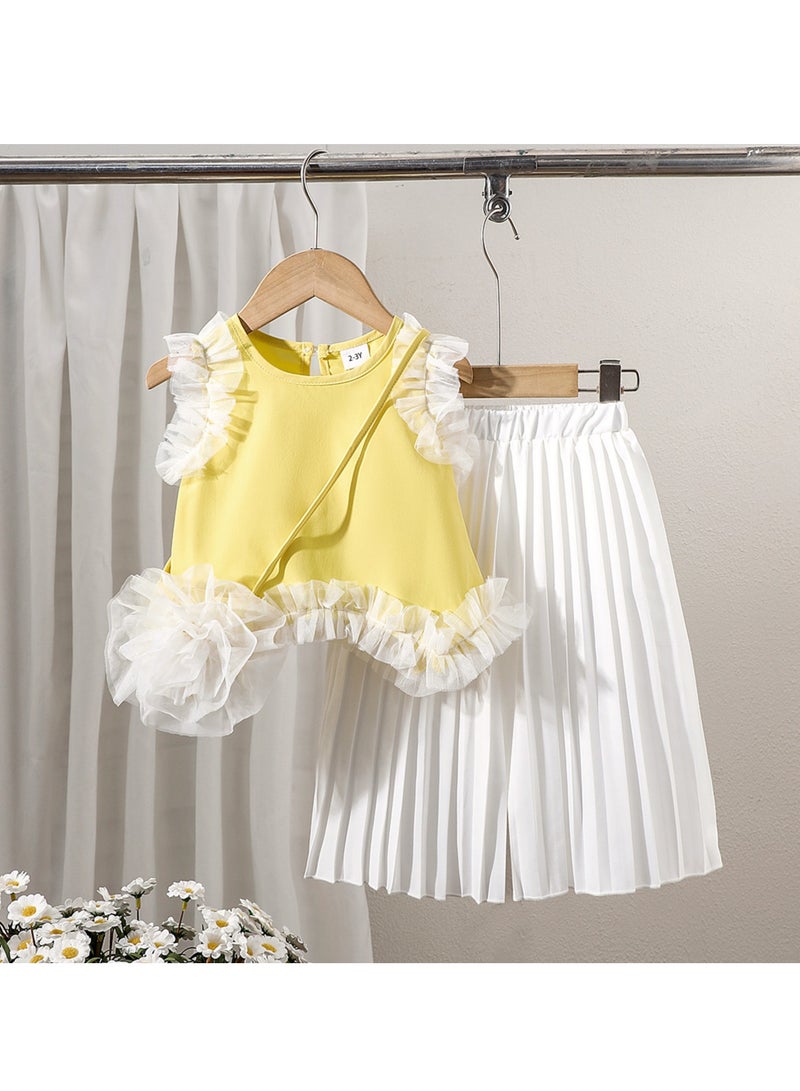 Sunny Yellow Ruffle-Trim Top with White Pleated Skirt Set for Girls 2–3 Y, Perfect for Summer Outings, Birthday Gifts, Beach Vacations and Photo Shoots  - Image 1