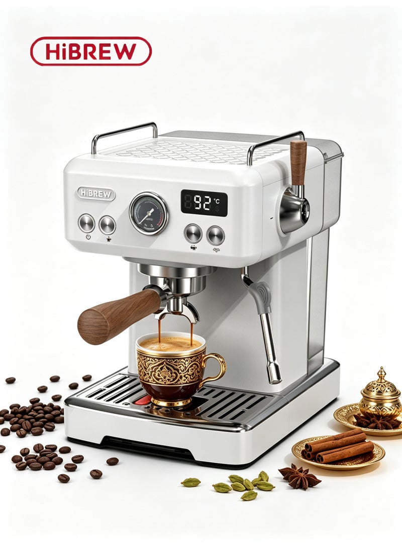 هيبرو ماكينة قهوة إسبريسو نصف أوتوماتيكية من HiBREW، مزودة بوظيفة DIY، ضغط 20 بار، درجة حرارة قابلة للتعديل مع صمام تخفيف الضغط التلقائي، مناسبة لتحضير الكابتشينو واللاتيه، مع خفاقة حليب H10plus - Image 1
