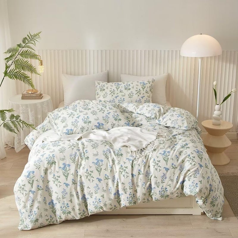 Ruccit White Floral Duvet Cover Set Double 100 Cotton Duvet Cover Double Bed 3pcs Garden Blue Green Chic Flower Bedding Set with Zipper Closure Corner TiesSoftDurableEasy Care