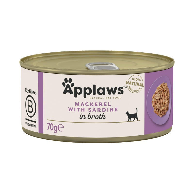 Applaws Natural Premium Wet Cat Food for Adult Cats, Mackerel with Sardine in Broth Pack of 24 x 70g Cans - Image 2