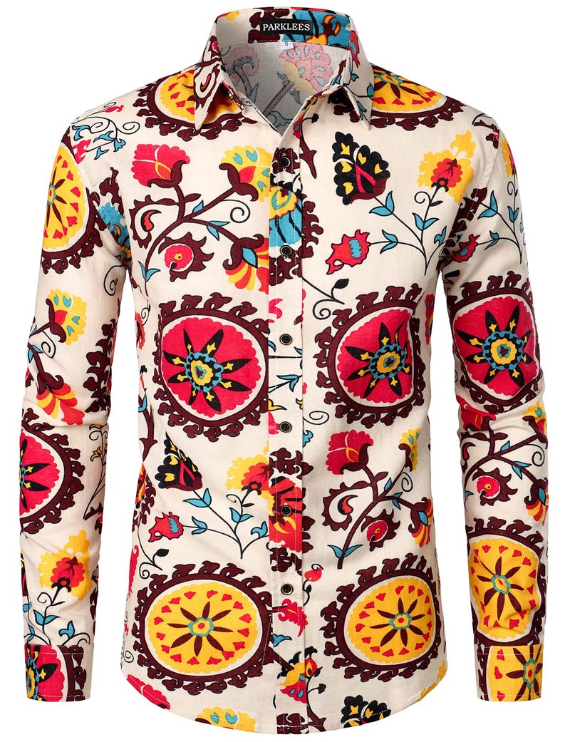 PARKLEES Men's Linen 70s Hippie Traditional Style Pattern Printed Long Sleeve Button up Shirt Beige Yellow Medium - Image 1