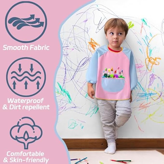 KIDS ART APRONS, KIDS PAINTING APRON WATERPROOF PAINTING APRON LONG SLEEVE FOR KIDS CHILDREN'S ART SMOCK WITH POCKETS FOR PAINTING COOKING EATING (HEIGHT 80-102CM) - Image 3