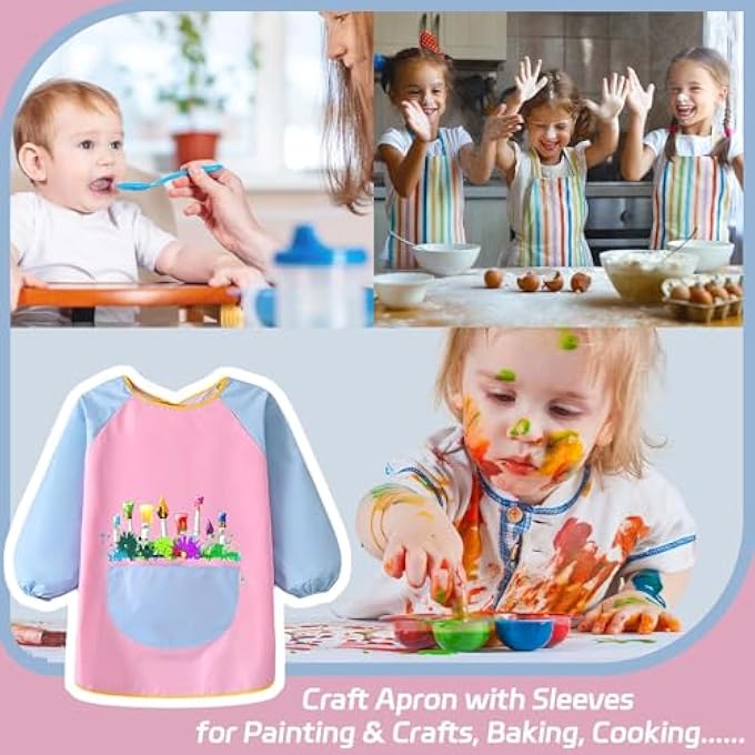 KIDS ART APRONS, KIDS PAINTING APRON WATERPROOF PAINTING APRON LONG SLEEVE FOR KIDS CHILDREN'S ART SMOCK WITH POCKETS FOR PAINTING COOKING EATING (HEIGHT 80-102CM) - Image 2
