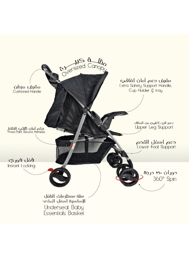 molody Lightweight Foldable Baby Stroller with Adjustable Reclining Seat and Canopy – 2-in-1 Compact Travel System for Newborns and Toddlers (0-3 Years), All-Terrain with Large Storage Basket and Safety Harness- Dark Black - Image 4