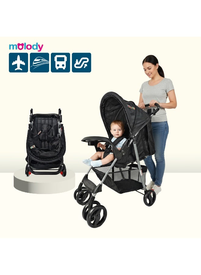 molody Lightweight Foldable Baby Stroller with Adjustable Reclining Seat and Canopy – 2-in-1 Compact Travel System for Newborns and Toddlers (0-3 Years), All-Terrain with Large Storage Basket and Safety Harness- Dark Black - Image 2