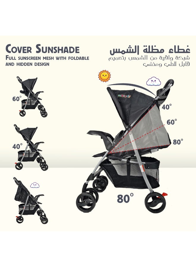 molody Lightweight Foldable Baby Stroller with Adjustable Reclining Seat and Canopy – 2-in-1 Compact Travel System for Newborns and Toddlers (0-3 Years), All-Terrain with Large Storage Basket and Safety Harness- Dark Black - Image 5