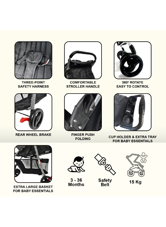 molody Lightweight Foldable Baby Stroller with Adjustable Reclining Seat and Canopy – 2-in-1 Compact Travel System for Newborns and Toddlers (0-3 Years), All-Terrain with Large Storage Basket and Safety Harness- Dark Black - Image 3