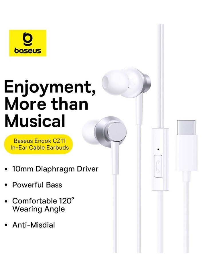 Baseus Encok CZ11 Wired Headphone, USB-C In-Ear Earphone with Mic - White White - Image 5
