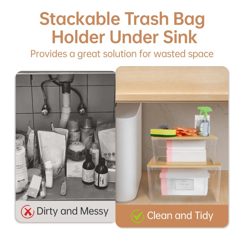 COAZEX 2 Pack Trash Bag Holder Under Sink Stackable, Plastic Garbage Dispenser with Lid, Trash Bag Storage Dispenser Roll Holder for Kitchen, Pantry, Laundry Room Organization - Image 5