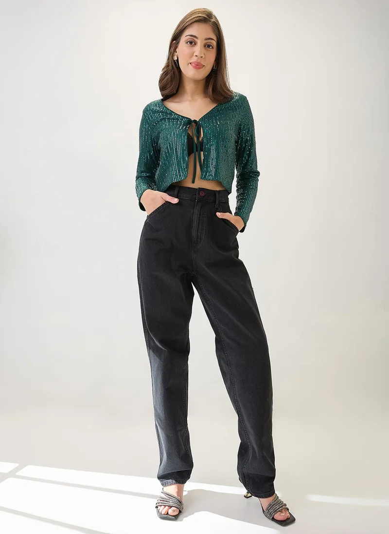 globus Globus Women Embellished Tie-Up Neck Long Sleeves Cropped Party Shrug