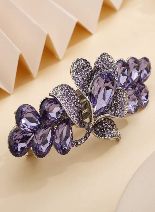 Aimimier Bridal Crystal Flower Hair Clip Sparkling Rhinestone Barrettes for Bun Fashion Hair Styling Accessories for Women (Purple) - Image 1