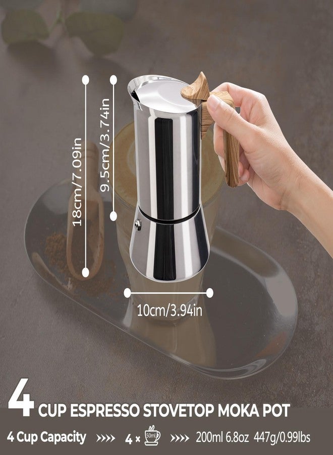 Mogrecha Uncoated 4 Cup Moka Pot 304 Thickened Stainless Steel Coffee Maker Stovetop Espresso Coffeemaker Italian Classic Style Brewing Greca Cafe Mocha Machine for Cafeteras Camping Travel Home 200ml 6.6oz - Image 2
