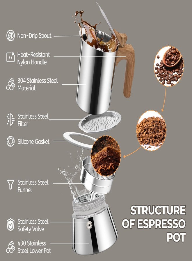 Mogrecha Uncoated 4 Cup Moka Pot 304 Thickened Stainless Steel Coffee Maker Stovetop Espresso Coffeemaker Italian Classic Style Brewing Greca Cafe Mocha Machine for Cafeteras Camping Travel Home 200ml 6.6oz - Image 4