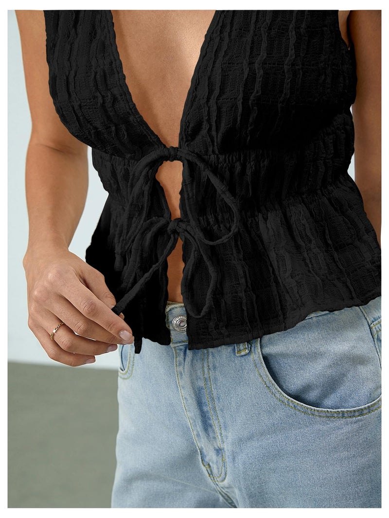 MakeMeChic Women's Tie Front Tank Top Sleeveless Ruffle Hem Crop Going Out Tops Black Small - Image 4