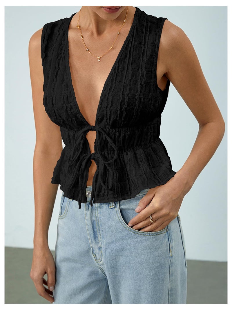 MakeMeChic Women's Tie Front Tank Top Sleeveless Ruffle Hem Crop Going Out Tops Black Small - Image 3