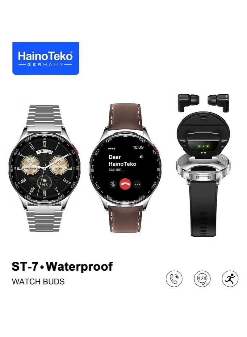 هينو تيكو ساعة ذكية HainoTeko ST-7 مقاومة للماء مع سماعات أذن مدمجة وشاشة AMOLED كبيرة و3 أزواج من الأشرطة وكابل شحن فضي - Image 1
