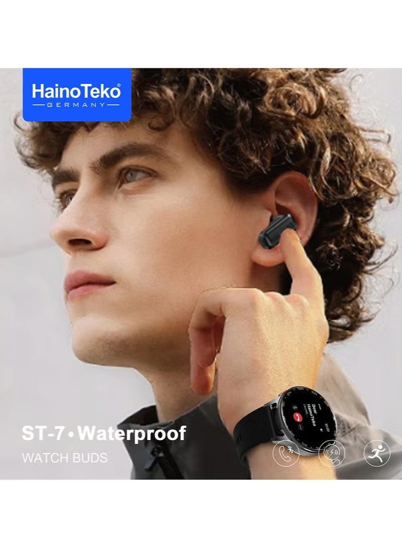 هينو تيكو ساعة ذكية HainoTeko ST-7 مقاومة للماء مع سماعات أذن مدمجة وشاشة AMOLED كبيرة و3 أزواج من الأشرطة وكابل شحن فضي - Image 4