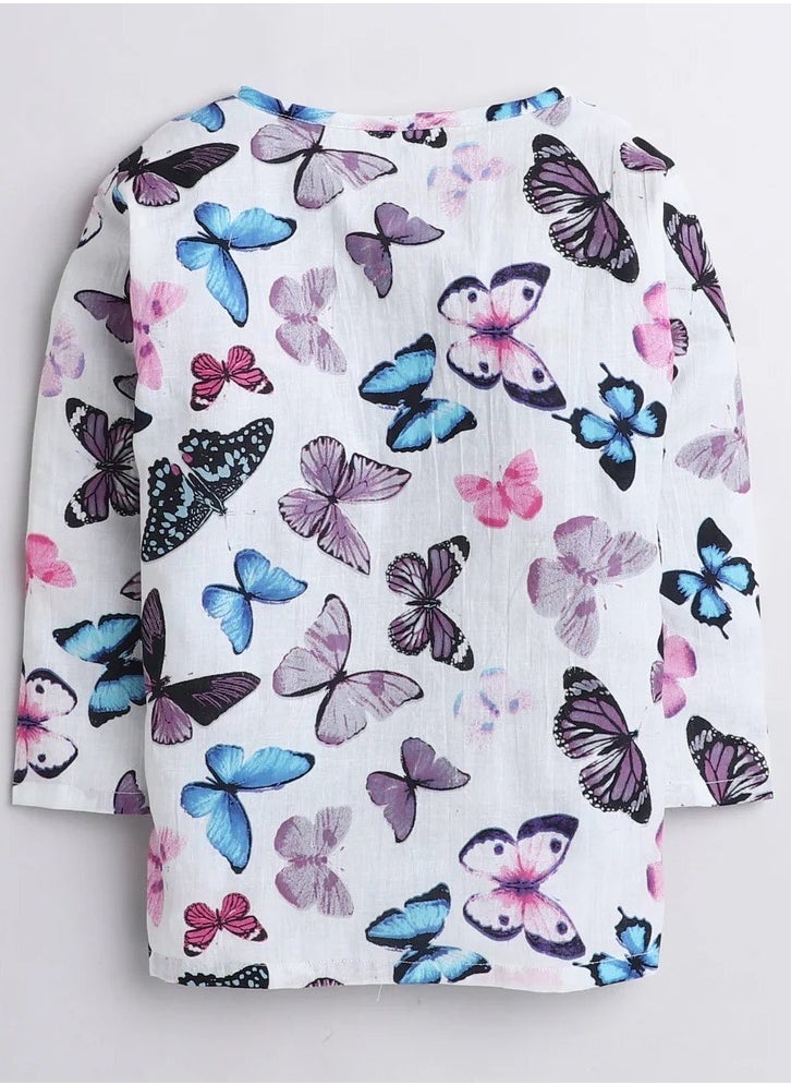 Polka Tots Polka Tots Full Sleeves Night Wear Butterfly Kurta Pyjama - White  - Image 2