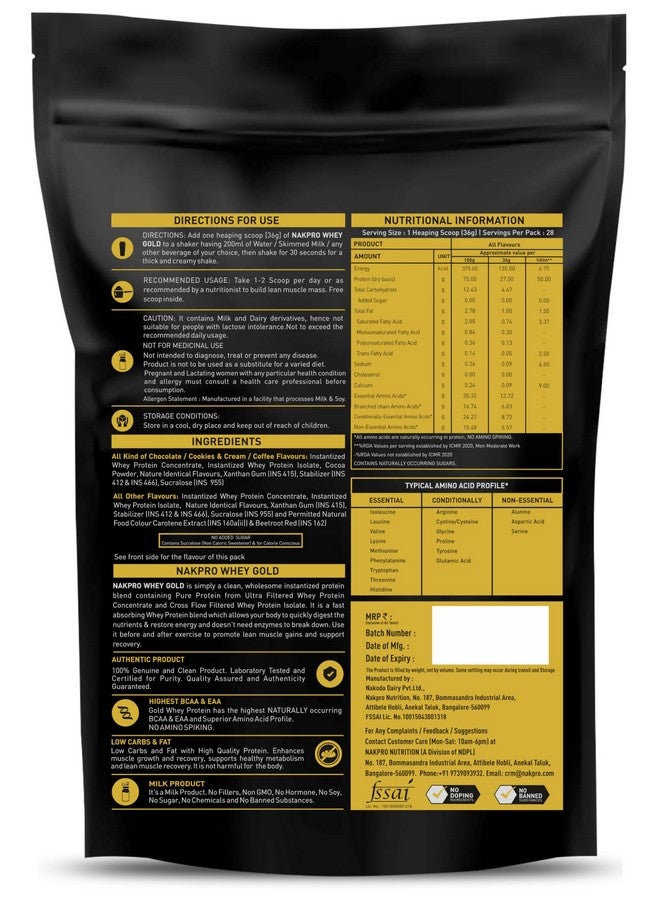 NAKPRO Gold Premium Whey Protein 1kg Chocolate | Isolate & Concentrate, 27g Protein, 6g BCAA | 100% Authentic Supplement Powder & No Adulteration | Fast Absorbing Whey Protein Powder - Image 2
