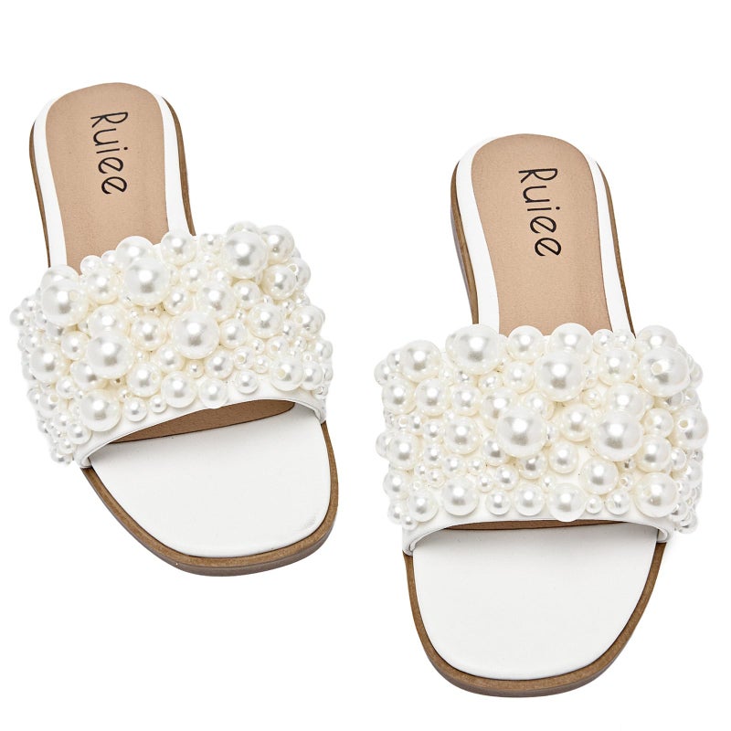 Ruiee Flat Slides Sandals for Women, Pearl Decor Slide Sandal Sparkly Bling Dressy Comfortable Casual Bride Wedding Summer Slip on Womens Sandals.241223 White Size8.5 - Image 4