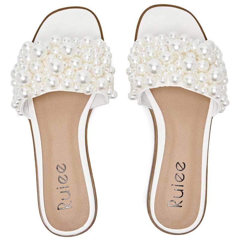 Ruiee Flat Slides Sandals for Women, Pearl Decor Slide Sandal Sparkly Bling Dressy Comfortable Casual Bride Wedding Summer Slip on Womens Sandals.241223 White Size8.5 - Image 1
