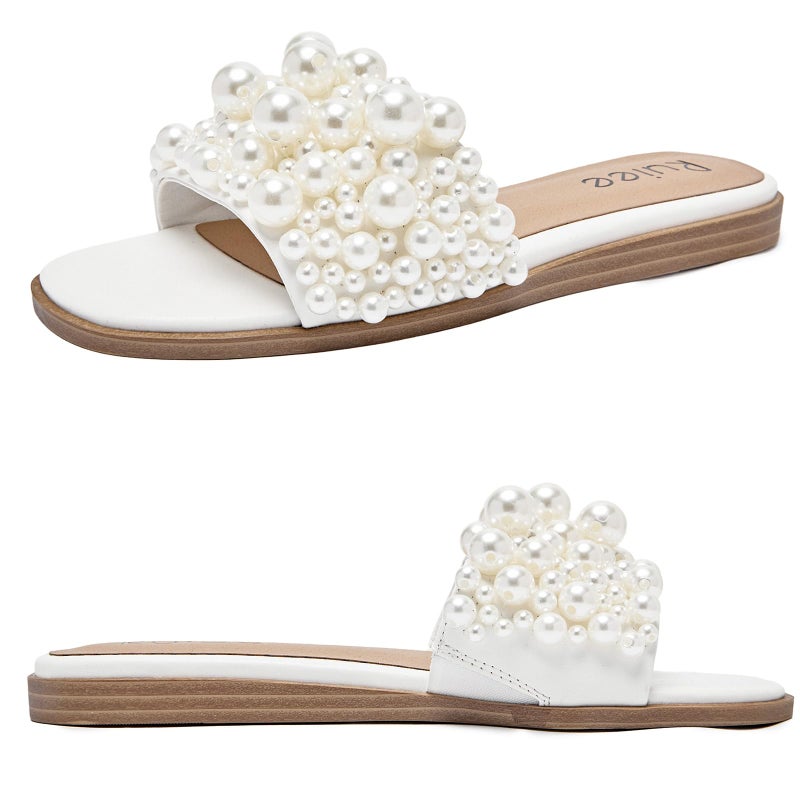 Ruiee Flat Slides Sandals for Women, Pearl Decor Slide Sandal Sparkly Bling Dressy Comfortable Casual Bride Wedding Summer Slip on Womens Sandals.241223 White Size8.5 - Image 5