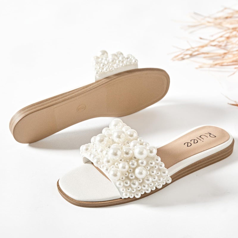 Ruiee Flat Slides Sandals for Women, Pearl Decor Slide Sandal Sparkly Bling Dressy Comfortable Casual Bride Wedding Summer Slip on Womens Sandals.241223 White Size8.5 - Image 3