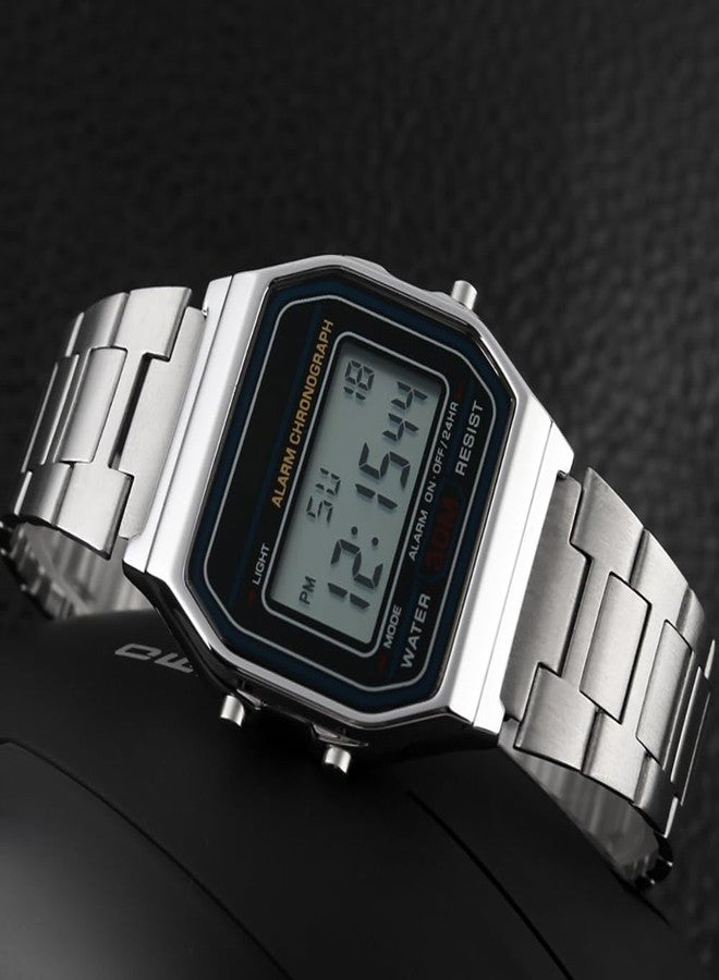 VIGOROSO Men Lady Vintage Retro Gold Stainless Steel Digital Casual Watch Alarm Stopwatch(Silver) - Image 2