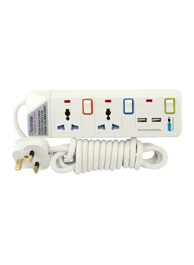 Terminator 2 Way Power Extension Socket With 2 Usb 2.1A 3M 13A Plug - Image 1