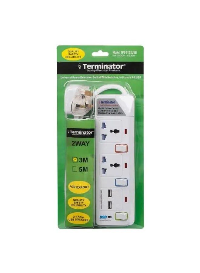 Terminator 2 Way Power Extension Socket With 2 Usb 2.1A 3M 13A Plug - Image 2