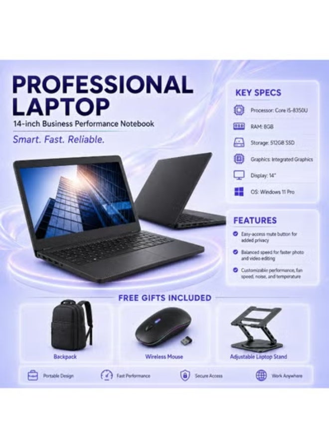 Business Laptop 14-Inch Display, Intel Core i5-Class Processor, 8GB RAM, 512GB SSD, Windows 11 Pro with Mouse, Laptop Stand and Carry Bag - Image 1