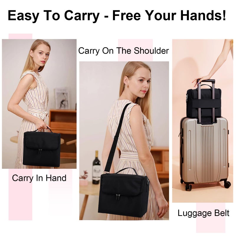 Deciniee حقيبة مكياج كبيرة للسيدات، حقيبة سفر سوداء لتخزين، صندوق تنظيم أظافر احترافي من 4 طبقات مع فواصل قابلة للتعديل لأدوات الأظافر والمجوهرات وفرش المكياج - Image 2