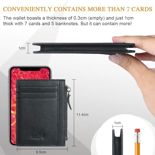 Contacts Credit Card Wallet, RFID Blocking Genuine Leather Card Holder Anti Theft (1 Zipper compartments, 6 Card Slots & 1 ID/Photo Window) Slim Pocket Purse for Men & Women Black… - Image 3