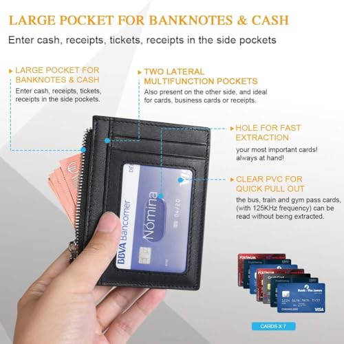Contacts Credit Card Wallet, RFID Blocking Genuine Leather Card Holder Anti Theft (1 Zipper compartments, 6 Card Slots & 1 ID/Photo Window) Slim Pocket Purse for Men & Women Black… - Image 2
