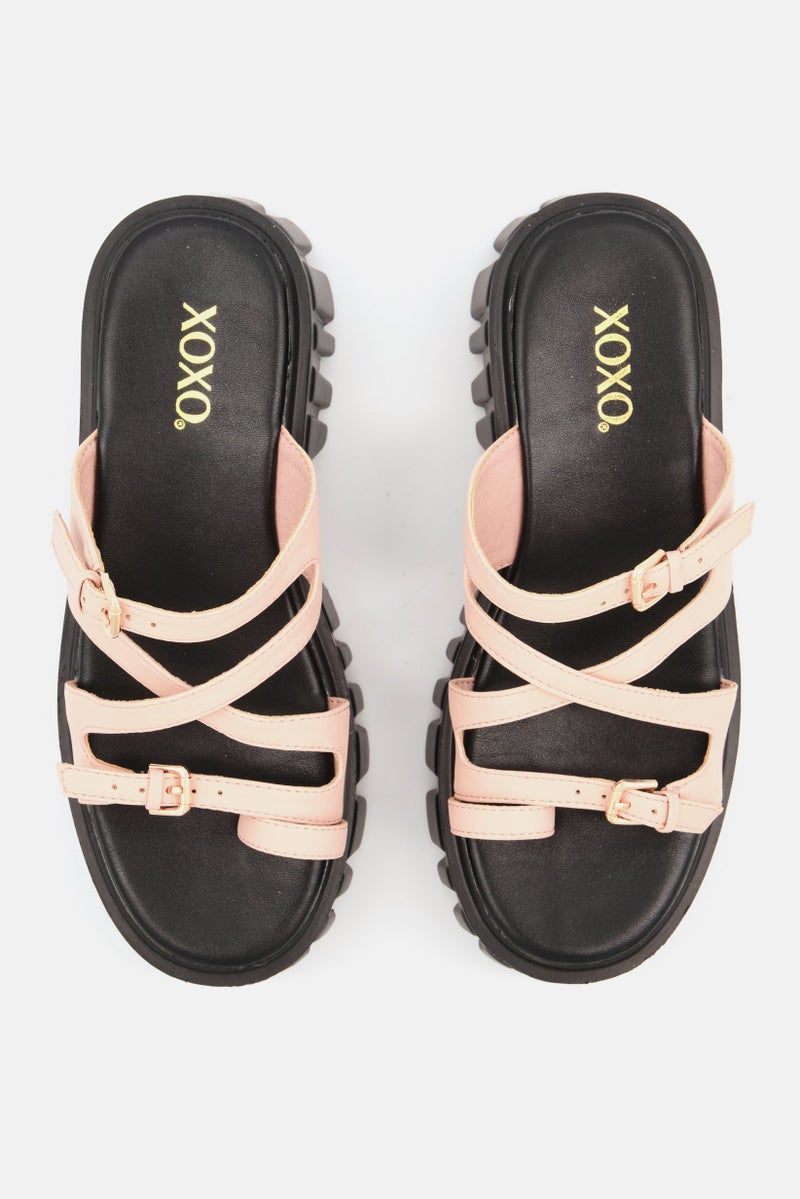 XOXO Women Leather Strap Slip On Chunky Sandals, Beige Combo - Image 3