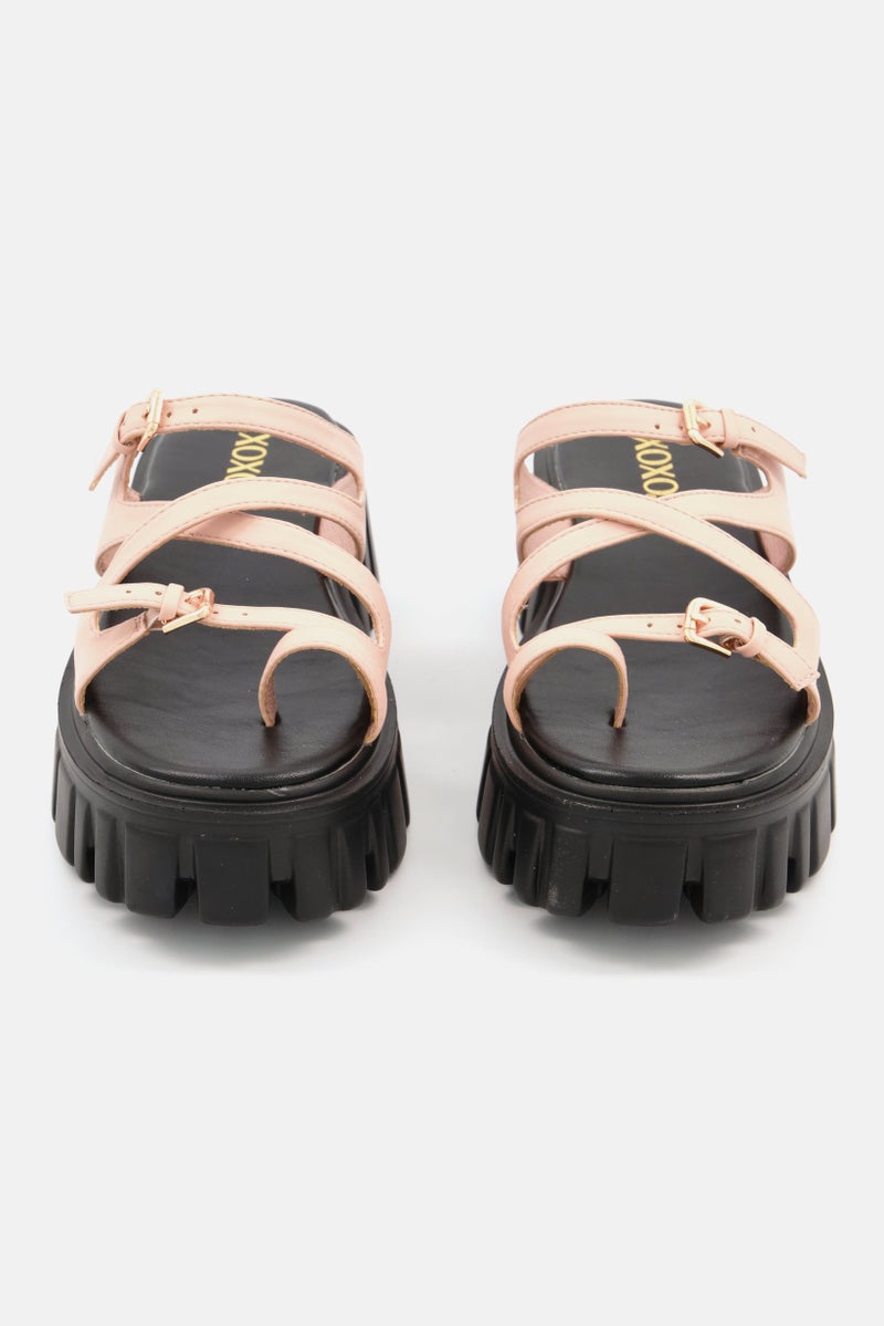 XOXO Women Leather Strap Slip On Chunky Sandals, Beige Combo - Image 4