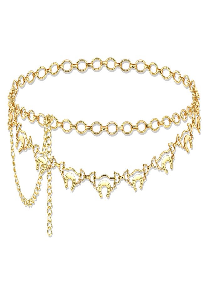 ARATLENCH Horseshoe Waist Chain Vintage Gold Tone Equestrian Horseshoe Charm Chain Link Belt Western Derby Adjustable Chunky Plus Size Body Belly Jewelry Accessoies for Dresses (horseshoe waist chain-B, 46inch) - Image 1