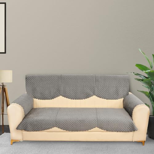 Yellow Weaves 5 Seater Self Design Quilted Sofa Cover and Chair Cover with Arm Cover, Seat & Back Cover, Color - Dark Grey - Image 5