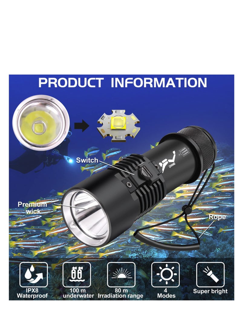 Dive Light Scuba Diving Flashlight, 6000 Lumen Dive Torch, 4 Modes Waterproof Diving Safety Lights, Underwater 80m Submarine Lights with Rechargeable Battery, for Deep Sea Cave at Night