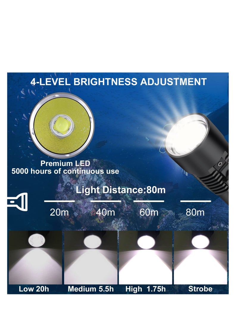 Dive Light Scuba Diving Flashlight, 6000 Lumen Dive Torch, 4 Modes Waterproof Diving Safety Lights, Underwater 80m Submarine Lights with Rechargeable Battery, for Deep Sea Cave at Night