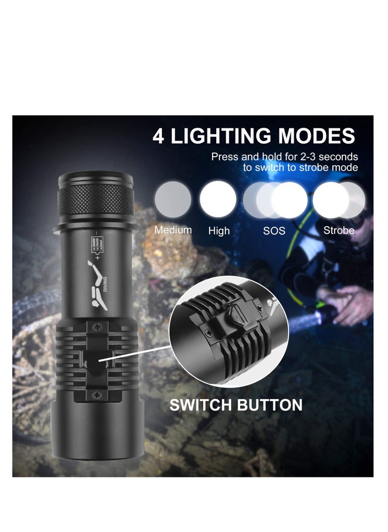 Dive Light Scuba Diving Flashlight, 6000 Lumen Dive Torch, 4 Modes Waterproof Diving Safety Lights, Underwater 80m Submarine Lights with Rechargeable Battery, for Deep Sea Cave at Night