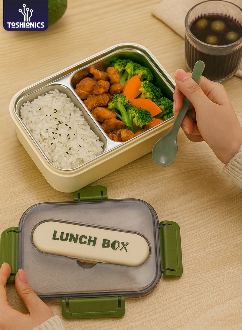 توشيونيكس صندوق غداء كلاسيكي من الفولاذ المقاوم للصدأ سعة 1.4 لتر - صندوق وجبات بينتو مع حجرتين وملعقة وفتحة أدوات مائدة مدمجة في الغطاء - آمن للاستخدام في الفريزر وغسالة الأطباق والميكروويف، مانع للتسرب ومحكم الإغلاق مع حجرة مزدوجة، خالٍ من مادة BPA، خفيف الوزن، حاوية طعام متينة للبالغين والأطفال - للمنزل والمكتب والمدرسة وحضانة الأطفال والسفر - 20 × 14 × 5 سم - Image 1