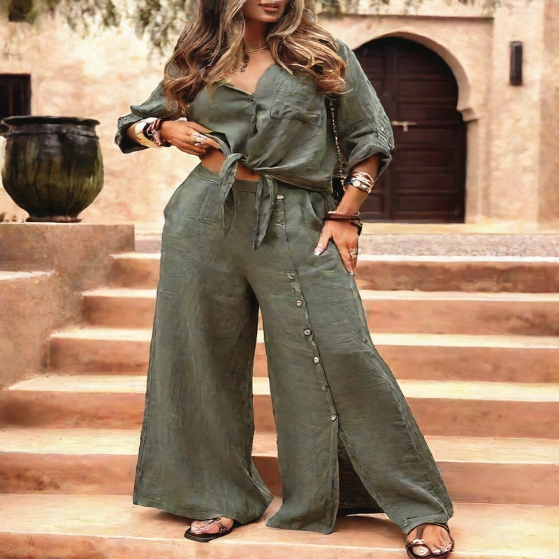 Women's Casual Two-Piece Set Open Front Cardigan with Wide Leg Pants - Image 2
