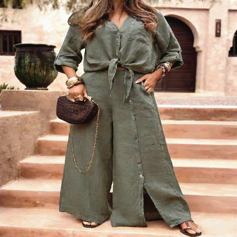 Women's Casual Two-Piece Set Open Front Cardigan with Wide Leg Pants - Image 3