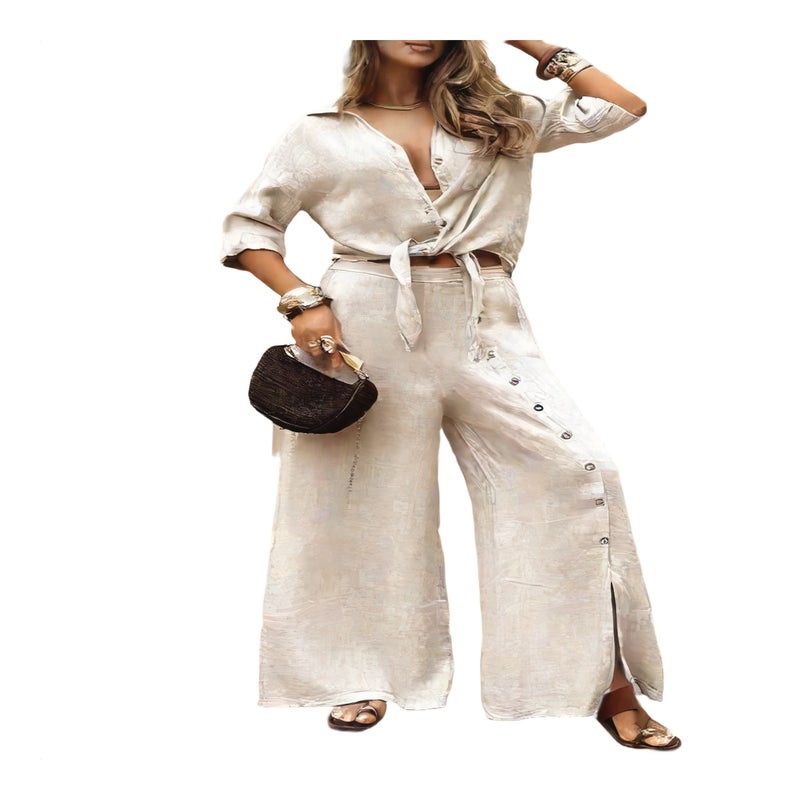 Women's Casual Two-Piece Set Open Front Cardigan with Wide Leg Pants - Image 1