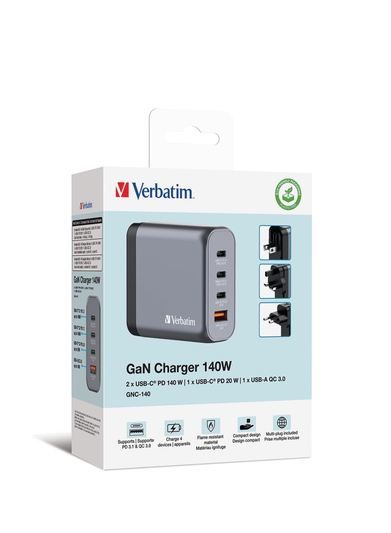 Verbatim GaN Charger 140 W, 4 Ports USB-C Charger, Power Adapter with 3 x USB-C and 1 x USB-A, Fast Charger as Multiple Plug, for Apple MacBook, Notebook, iPad, iPhone - Image 1
